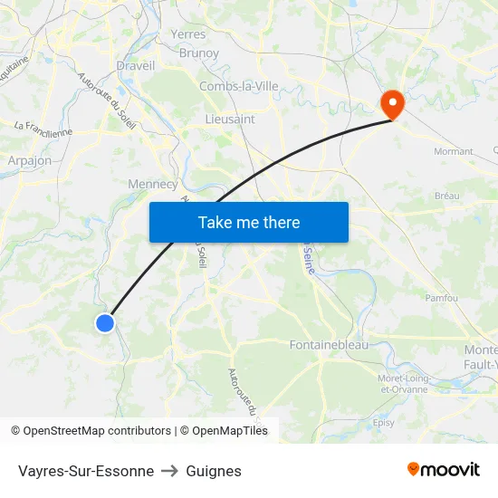 Vayres-Sur-Essonne to Guignes map