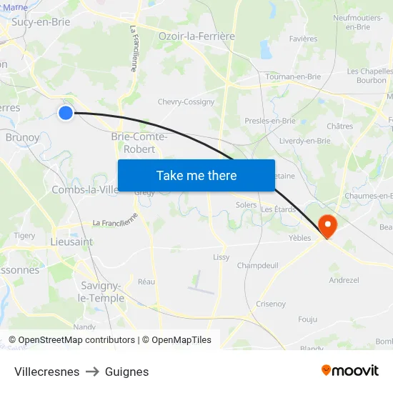 Villecresnes to Guignes map