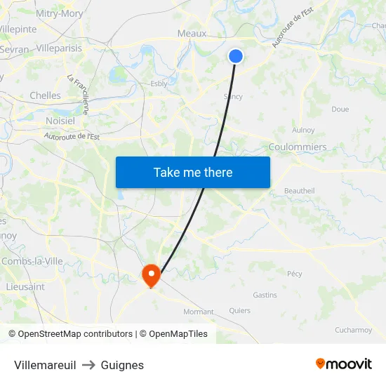 Villemareuil to Guignes map