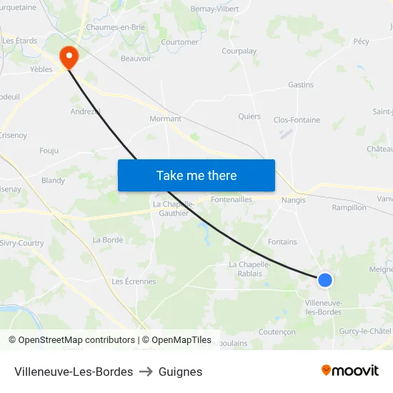Villeneuve-Les-Bordes to Guignes map