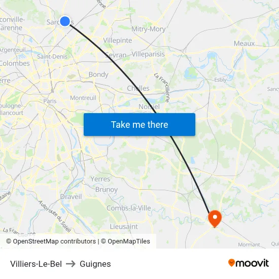 Villiers-Le-Bel to Guignes map