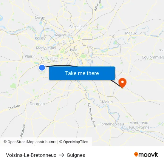 Voisins-Le-Bretonneux to Guignes map