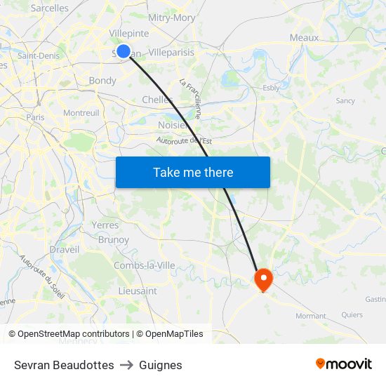 Sevran Beaudottes to Guignes map