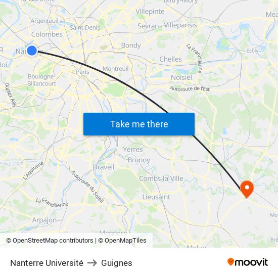 Nanterre Université to Guignes map