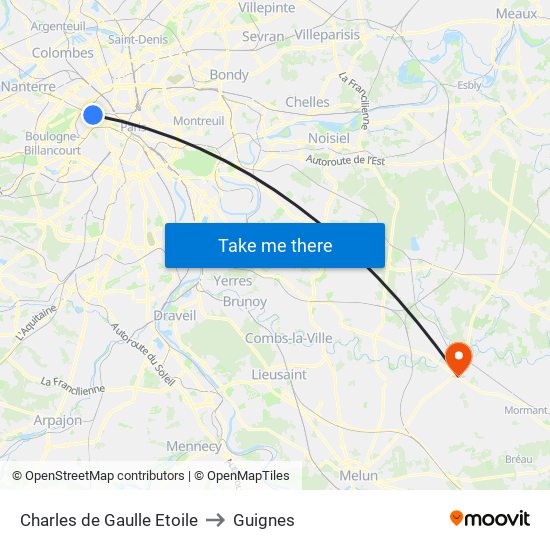 Charles de Gaulle Etoile to Guignes map
