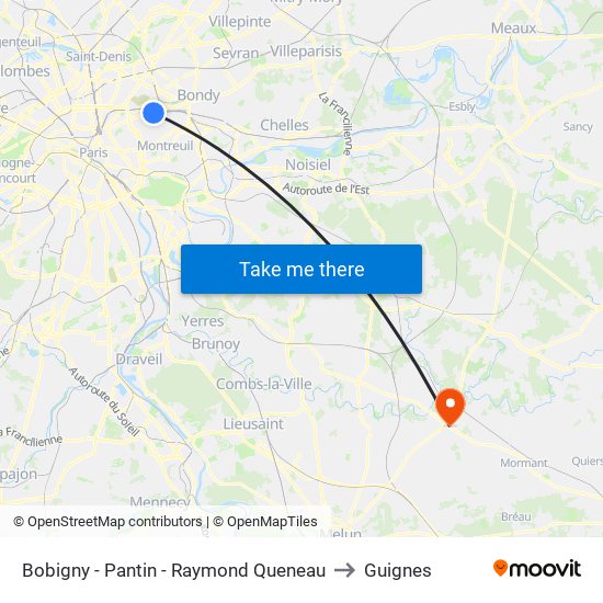 Bobigny - Pantin - Raymond Queneau to Guignes map