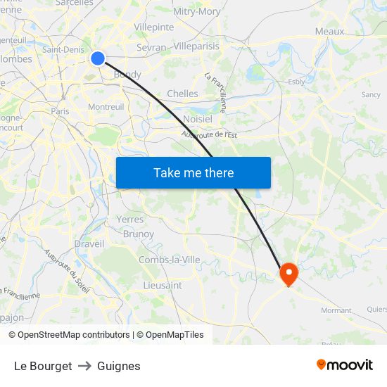 Le Bourget to Guignes map