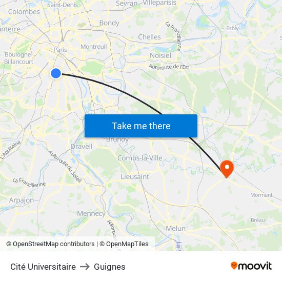 Cité Universitaire to Guignes map