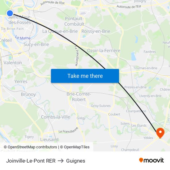 Joinville-Le-Pont RER to Guignes map