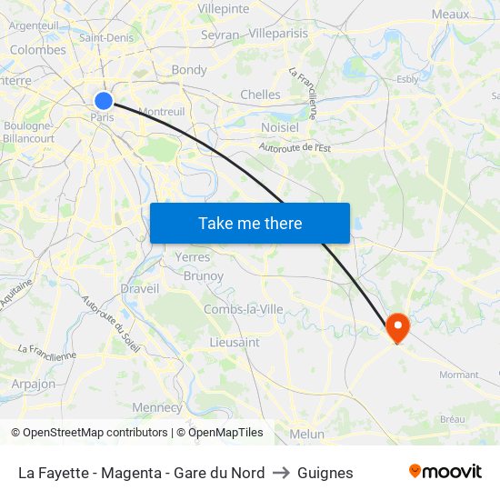 La Fayette - Magenta - Gare du Nord to Guignes map