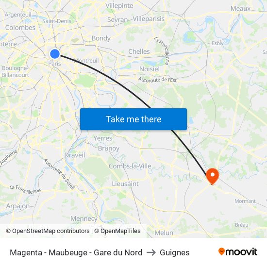 Magenta - Maubeuge - Gare du Nord to Guignes map