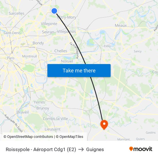 Roissypole - Aéroport Cdg1 (E2) to Guignes map