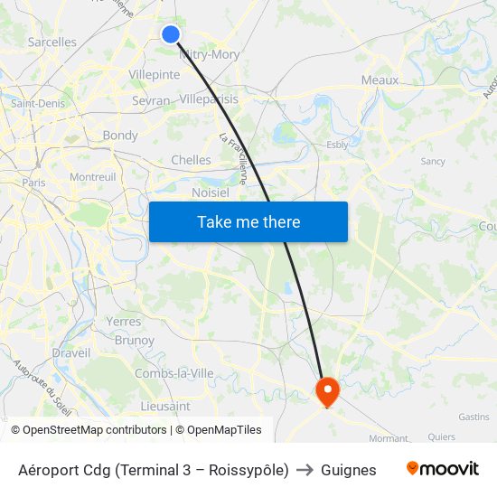 Aéroport Cdg (Terminal 3 – Roissypôle) to Guignes map