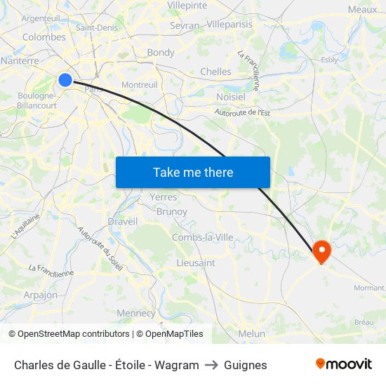 Charles de Gaulle - Étoile - Wagram to Guignes map