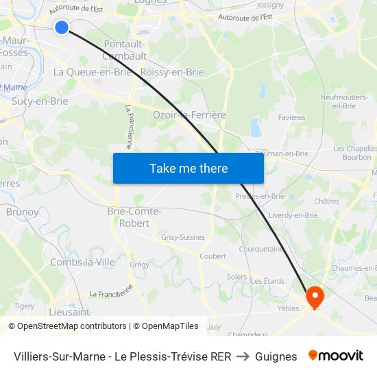 Villiers-Sur-Marne - Le Plessis-Trévise RER to Guignes map