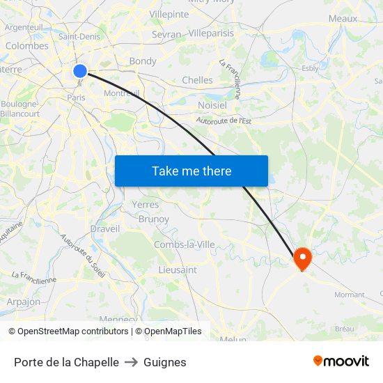 Porte de la Chapelle to Guignes map
