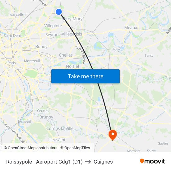 Roissypole - Aéroport Cdg1 (D1) to Guignes map