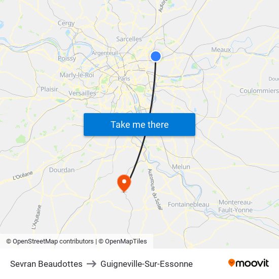 Sevran Beaudottes to Guigneville-Sur-Essonne map