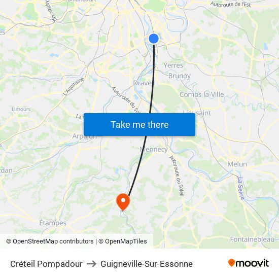 Créteil Pompadour to Guigneville-Sur-Essonne map
