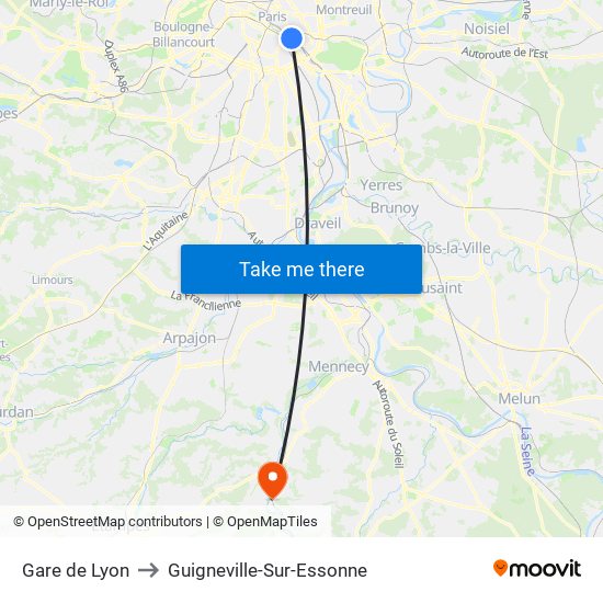Gare de Lyon to Guigneville-Sur-Essonne map