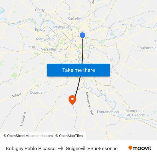 Bobigny Pablo Picasso to Guigneville-Sur-Essonne map