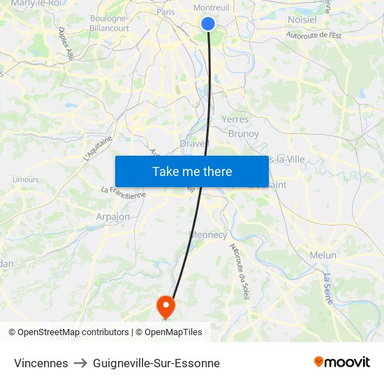 Vincennes to Guigneville-Sur-Essonne map