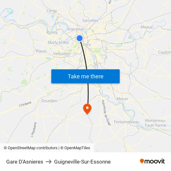 Gare D'Asnieres to Guigneville-Sur-Essonne map