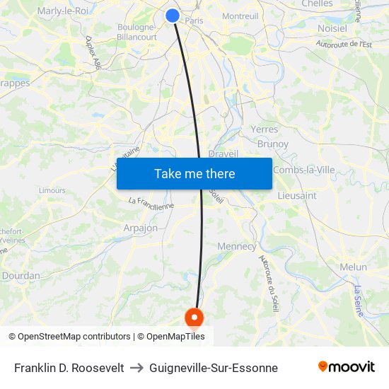 Franklin D. Roosevelt to Guigneville-Sur-Essonne map