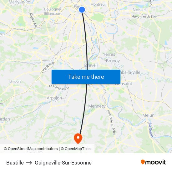 Bastille to Guigneville-Sur-Essonne map