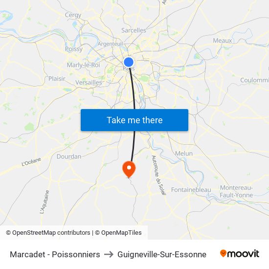 Marcadet - Poissonniers to Guigneville-Sur-Essonne map