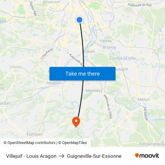 Villejuif - Louis Aragon to Guigneville-Sur-Essonne map