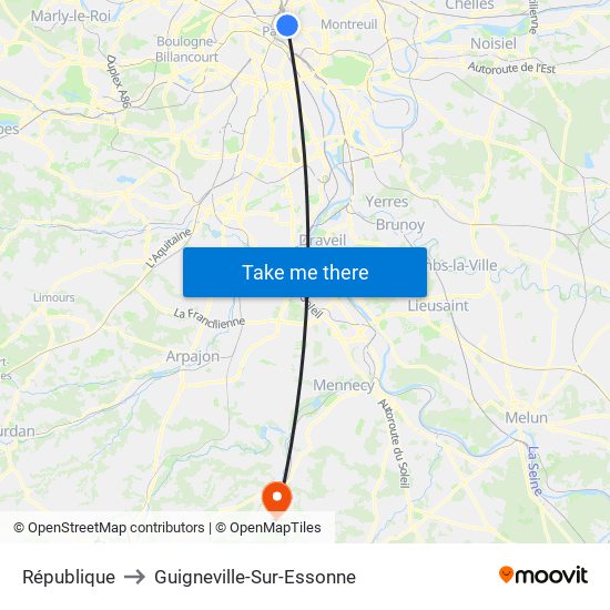 République to Guigneville-Sur-Essonne map