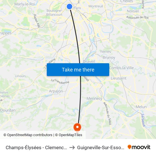 Champs-Élysées - Clemenceau to Guigneville-Sur-Essonne map