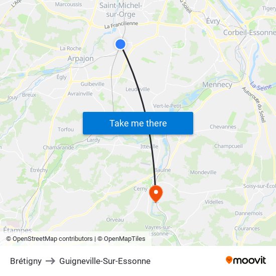 Brétigny to Guigneville-Sur-Essonne map