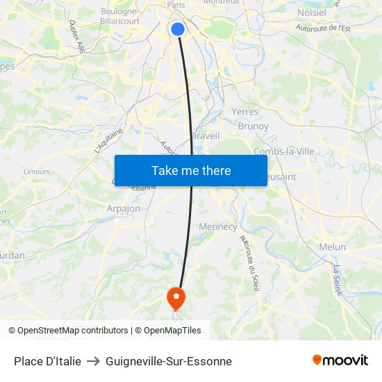 Place D'Italie to Guigneville-Sur-Essonne map