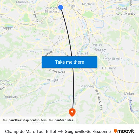 Champ de Mars Tour Eiffel to Guigneville-Sur-Essonne map