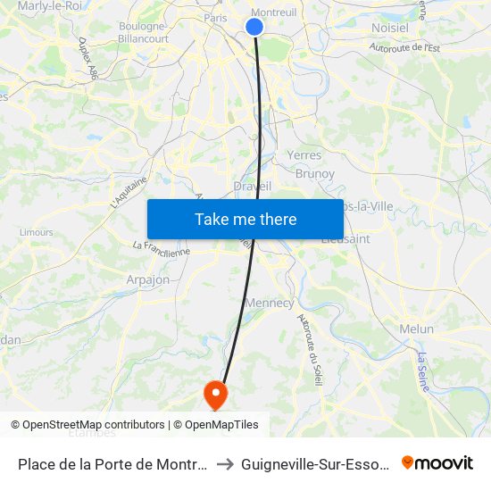 Place de la Porte de Montreuil to Guigneville-Sur-Essonne map