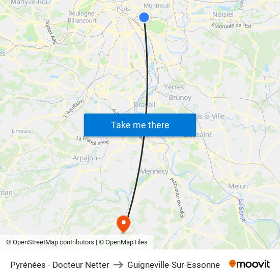 Pyrénées - Docteur Netter to Guigneville-Sur-Essonne map