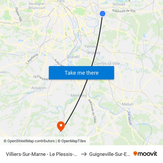 Villiers-Sur-Marne - Le Plessis-Trévise RER to Guigneville-Sur-Essonne map