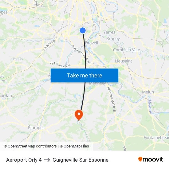 Aéroport Orly 4 to Guigneville-Sur-Essonne map