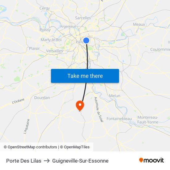 Porte Des Lilas to Guigneville-Sur-Essonne map