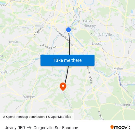 Juvisy RER to Guigneville-Sur-Essonne map