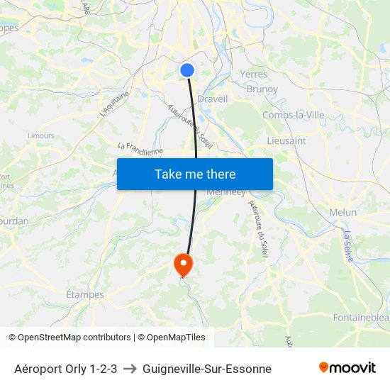 Aéroport Orly 1-2-3 to Guigneville-Sur-Essonne map