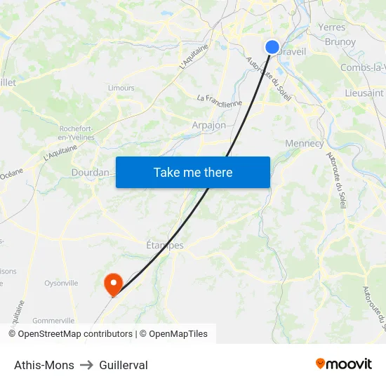 Athis-Mons to Guillerval map