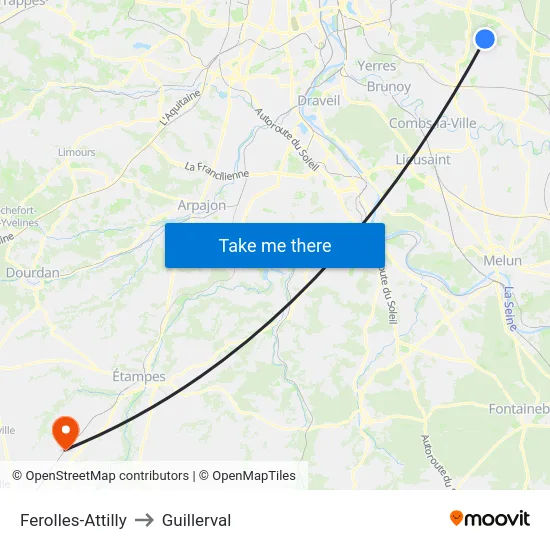 Ferolles-Attilly to Guillerval map