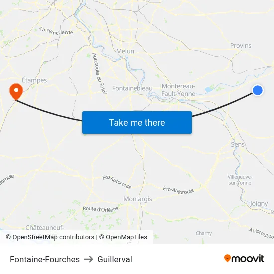 Fontaine-Fourches to Guillerval map