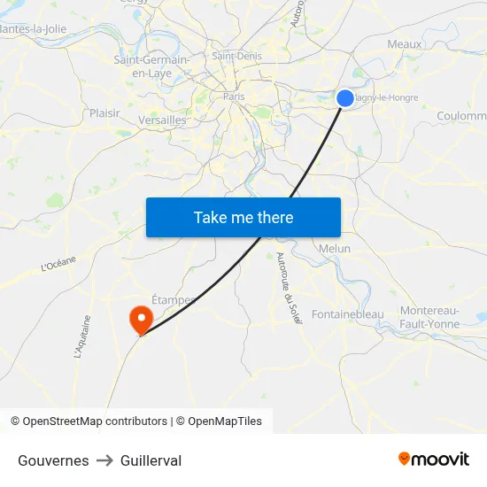 Gouvernes to Guillerval map
