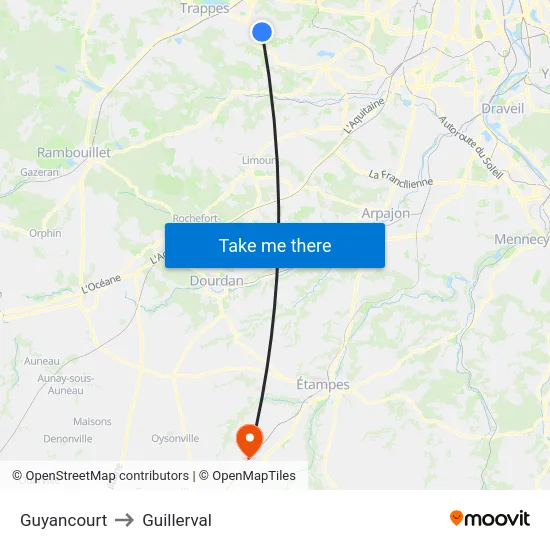 Guyancourt to Guillerval map