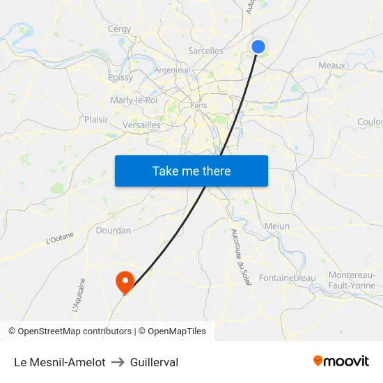 Le Mesnil-Amelot to Guillerval map