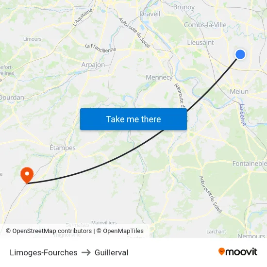 Limoges-Fourches to Guillerval map